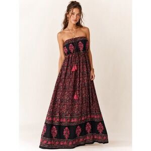 Chelsea Violet Black‎ Floral Embroidered Strapless Maxi Dress Tassel Boho S